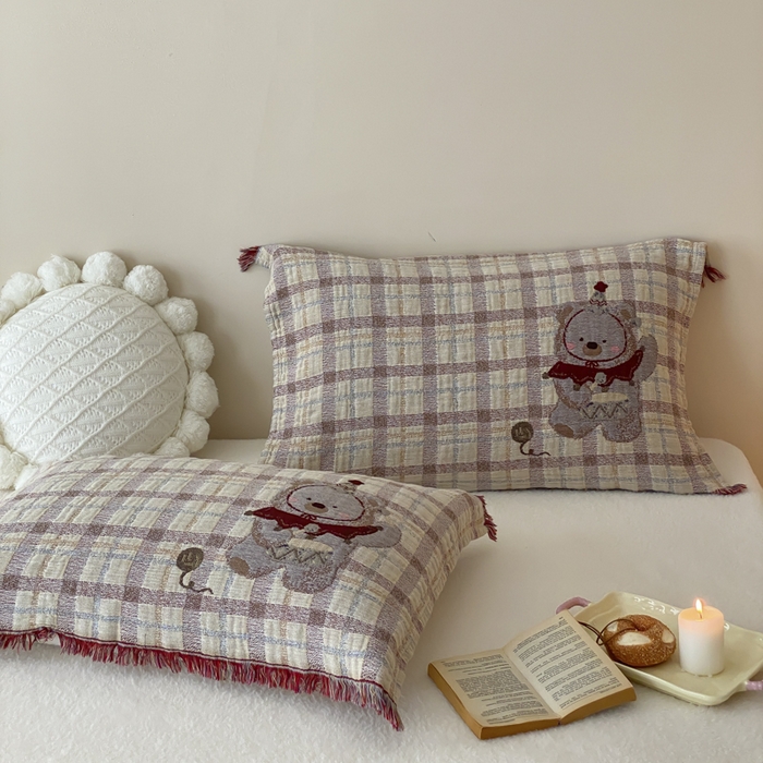 麻依 2025新款全棉四层纱布软萌流苏枕巾 锣鼓小熊