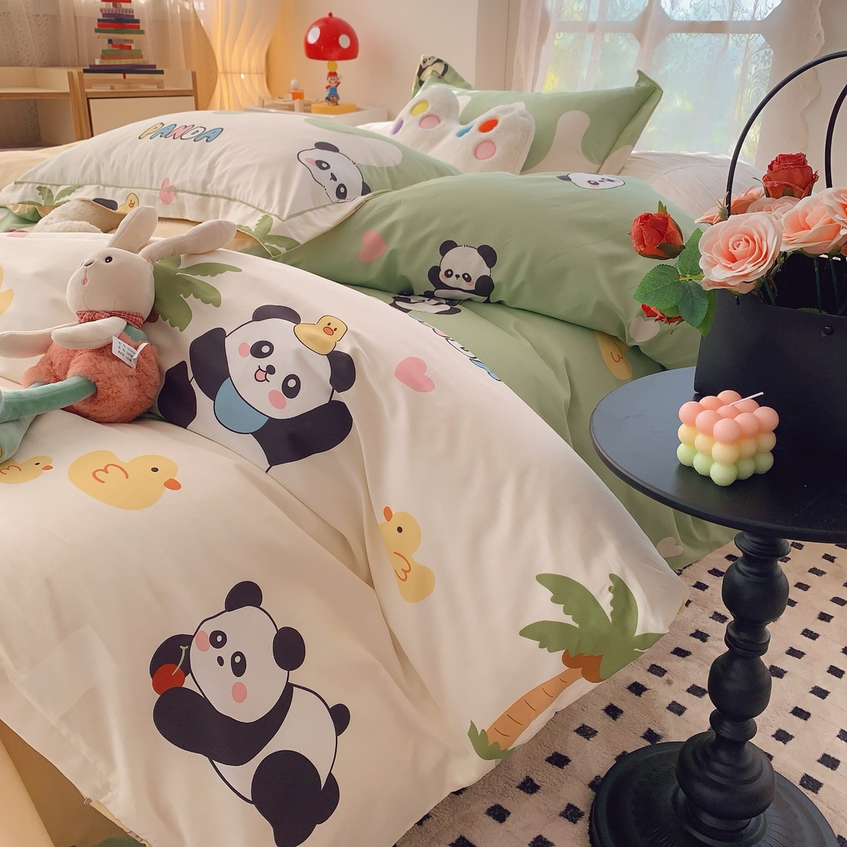 91家纺网 家纺一手货源 找家纺 莱豫家纺 2026新款全棉纯棉小清新印花四件套-第一波 快乐熊猫绿
