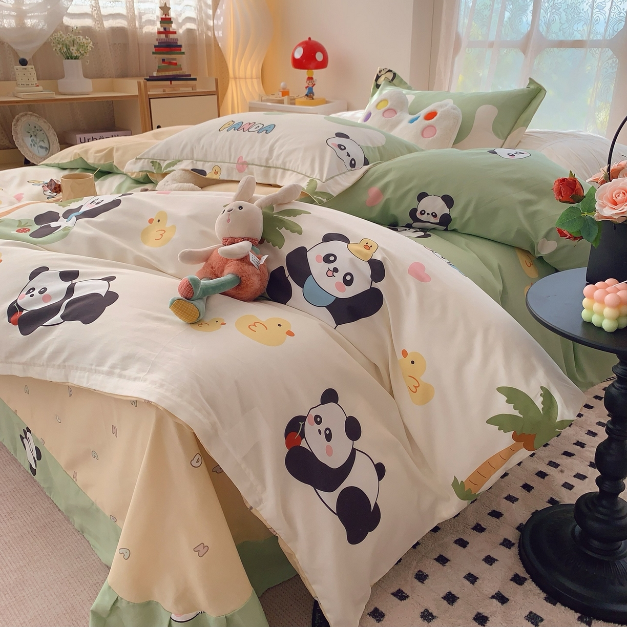 91家纺网 家纺一手货源 找家纺 莱豫家纺 2026新款全棉纯棉小清新印花四件套-第一波 快乐熊猫绿