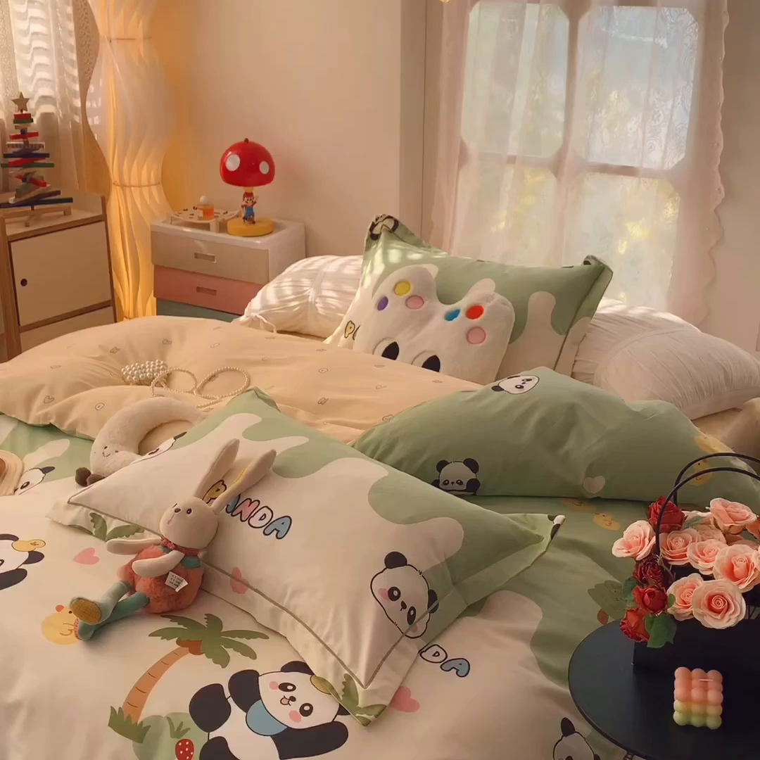 91家纺网 家纺一手货源 找家纺 莱豫家纺 2026新款全棉纯棉小清新印花四件套-第一波 快乐熊猫绿