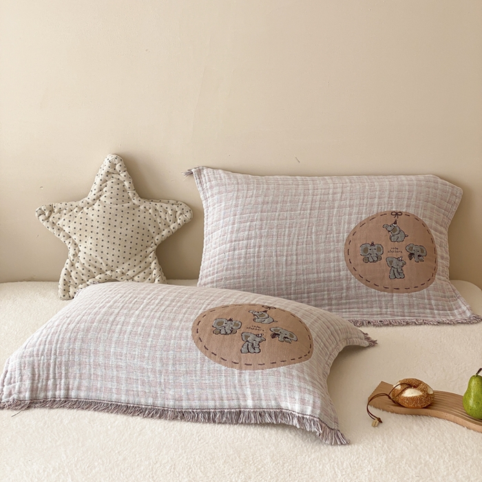 麻依 2025新款全棉四层纱布软萌流苏枕巾 帽子小象