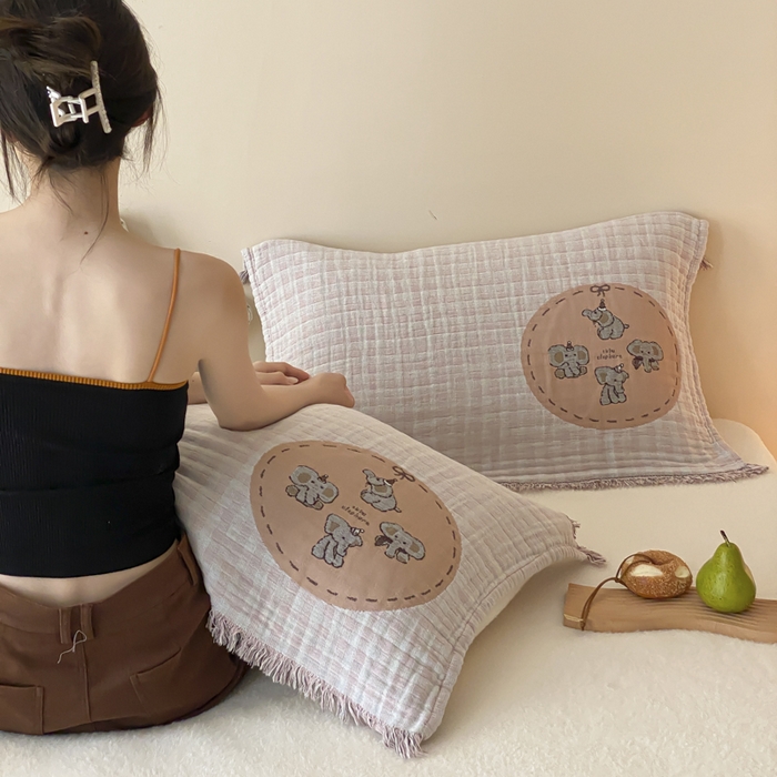 91家纺网 家纺一手货源 找家纺 麻依 2025新款全棉四层纱布软萌流苏枕巾 帽子小象