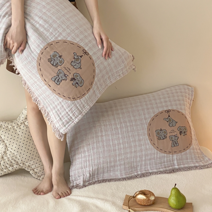 91家纺网 家纺一手货源 找家纺 麻依 2025新款全棉四层纱布软萌流苏枕巾 帽子小象