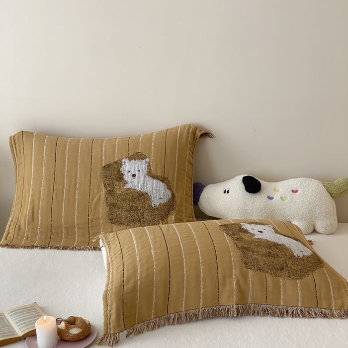 麻依 2025新款全棉四层纱布软萌流苏枕巾 沙发小狗