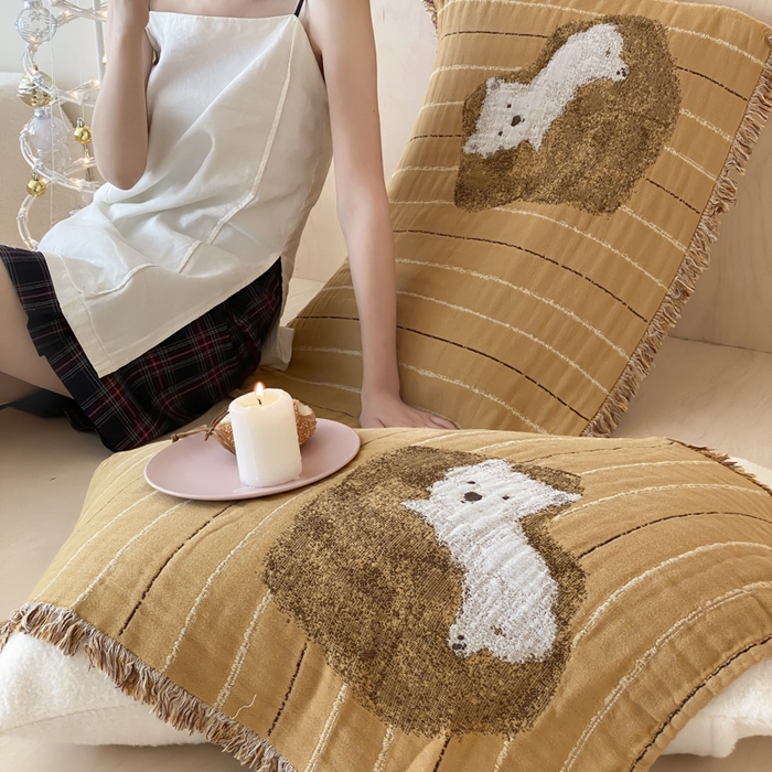 91家纺网 家纺一手货源 找家纺 麻依 2025新款全棉四层纱布软萌流苏枕巾 沙发小狗