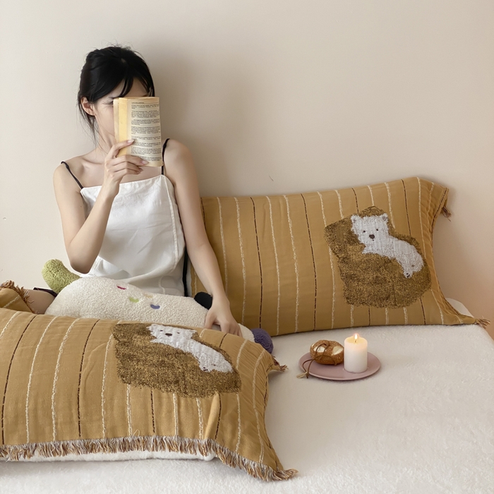 91家纺网 家纺一手货源 找家纺 麻依 2025新款全棉四层纱布软萌流苏枕巾 沙发小狗