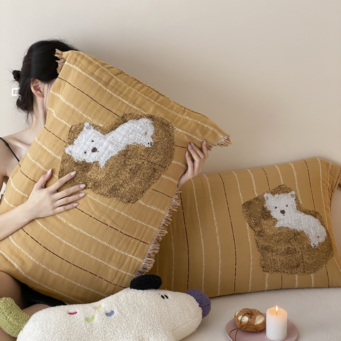 91家纺网 家纺一手货源 找家纺 麻依 2025新款全棉四层纱布软萌流苏枕巾 沙发小狗