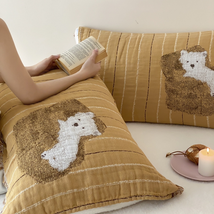 91家纺网 家纺一手货源 找家纺 麻依 2025新款全棉四层纱布软萌流苏枕巾 沙发小狗