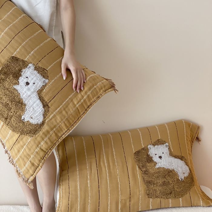 91家纺网 家纺一手货源 找家纺 麻依 2025新款全棉四层纱布软萌流苏枕巾 沙发小狗