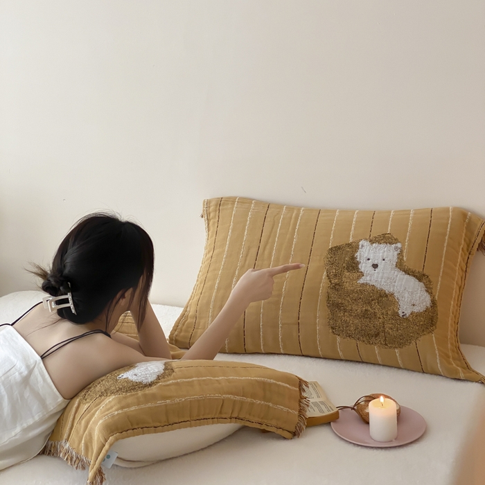 91家纺网 家纺一手货源 找家纺 麻依 2025新款全棉四层纱布软萌流苏枕巾 沙发小狗