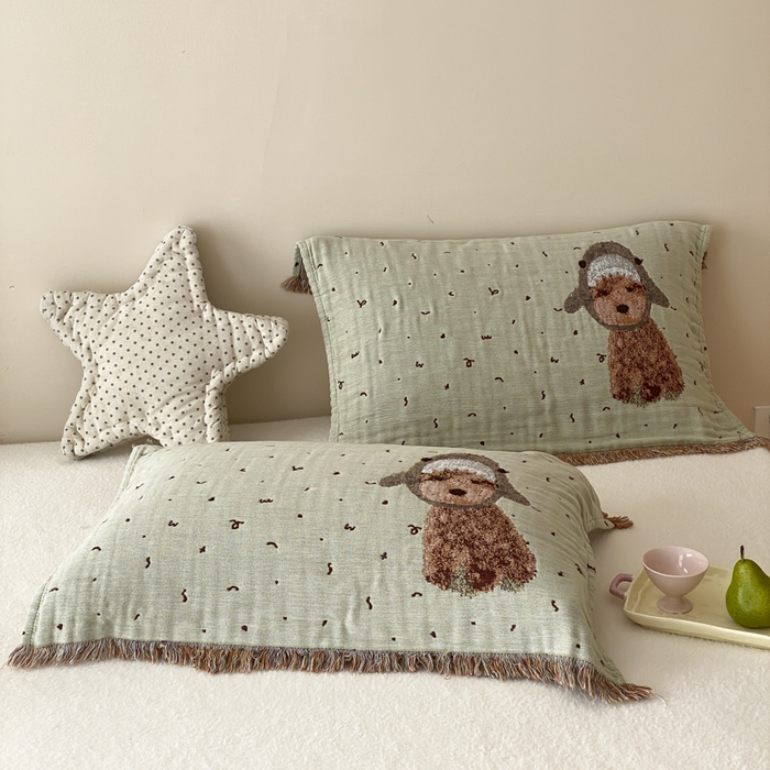 麻依 2025新款全棉四层纱布软萌流苏枕巾 鲨鱼小狗