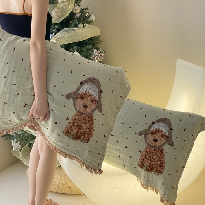 91家纺网 家纺一手货源 找家纺 麻依 2025新款全棉四层纱布软萌流苏枕巾 鲨鱼小狗