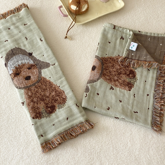 91家纺网 家纺一手货源 找家纺 麻依 2025新款全棉四层纱布软萌流苏枕巾 鲨鱼小狗