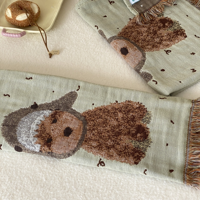 91家纺网 家纺一手货源 找家纺 麻依 2025新款全棉四层纱布软萌流苏枕巾 鲨鱼小狗