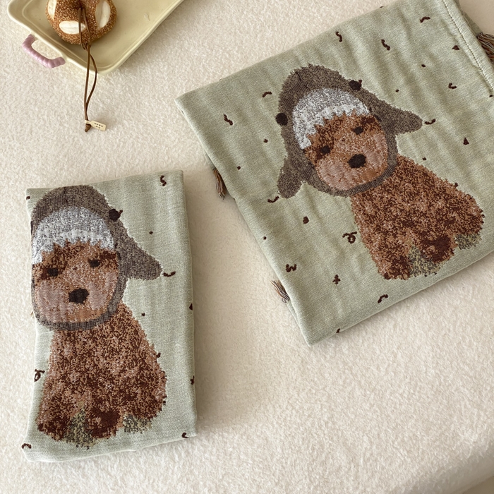 91家纺网 家纺一手货源 找家纺 麻依 2025新款全棉四层纱布软萌流苏枕巾 鲨鱼小狗