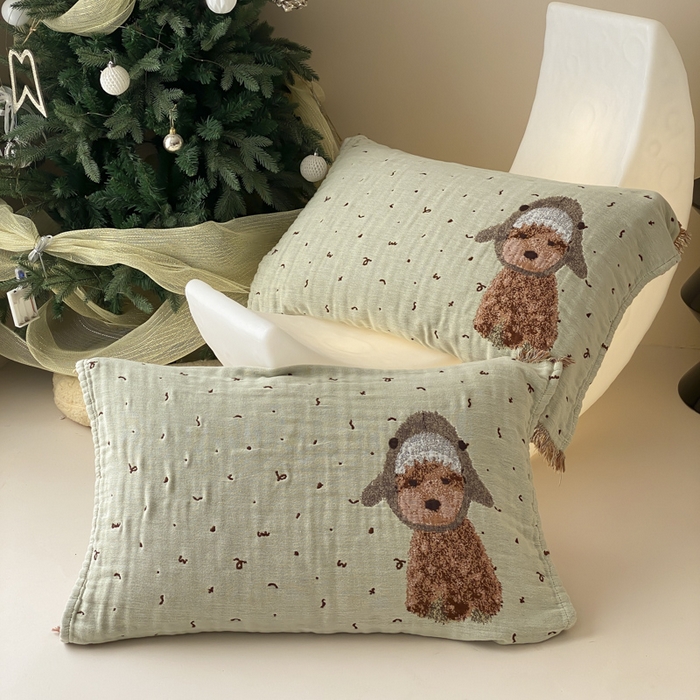 91家纺网 家纺一手货源 找家纺 麻依 2025新款全棉四层纱布软萌流苏枕巾 鲨鱼小狗