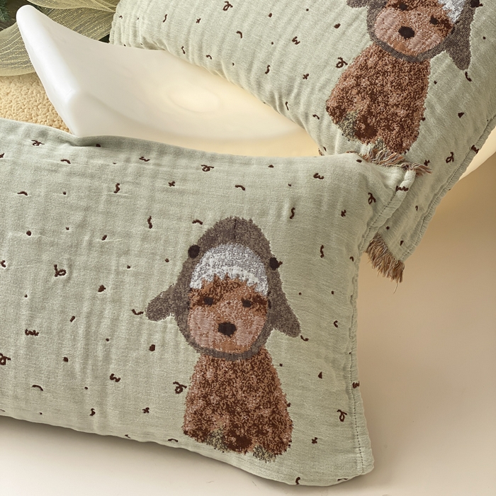 91家纺网 家纺一手货源 找家纺 麻依 2025新款全棉四层纱布软萌流苏枕巾 鲨鱼小狗