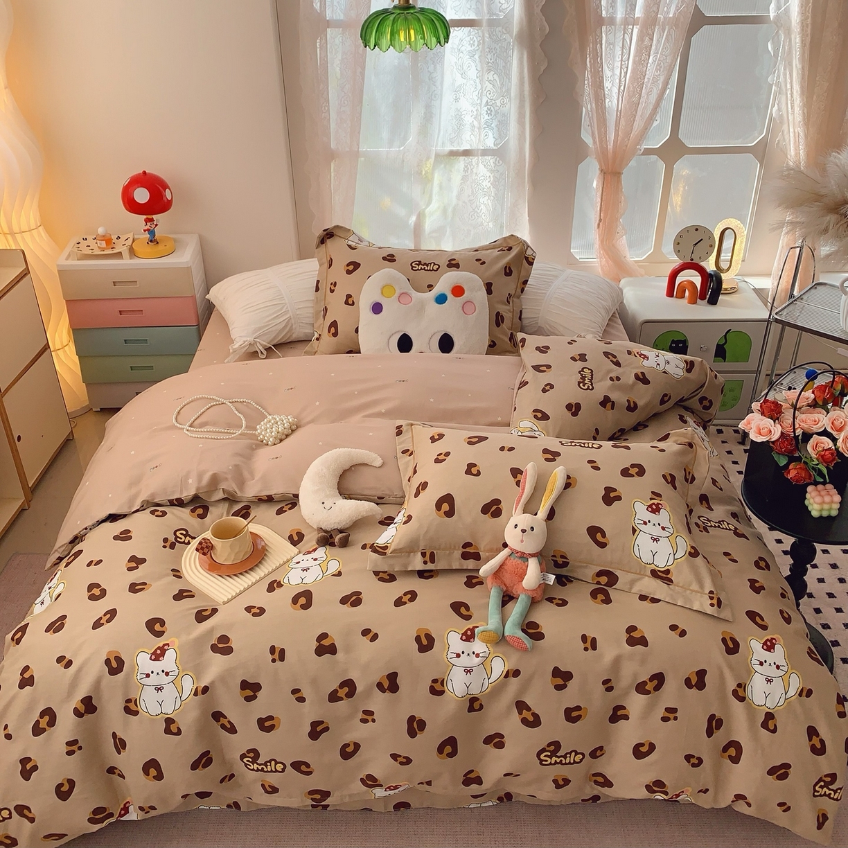 91家纺网 家纺一手货源 找家纺 莱豫家纺 2026新款全棉纯棉小清新印花四件套-第一波 猫咪豹纹咖