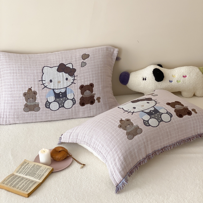 麻依 2025新款全棉四层纱布软萌流苏枕巾 玩偶熊KT