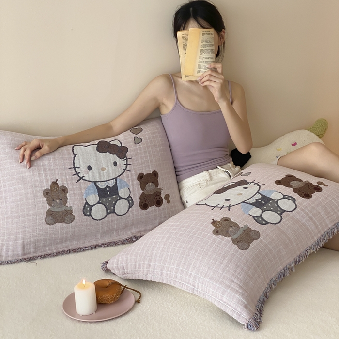 91家纺网 家纺一手货源 找家纺 麻依 2025新款全棉四层纱布软萌流苏枕巾 玩偶熊KT