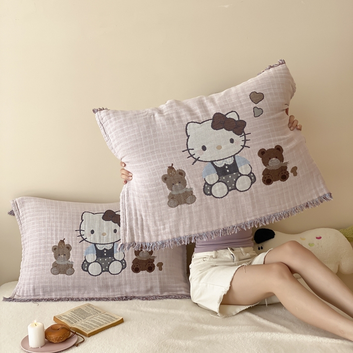 91家纺网 家纺一手货源 找家纺 麻依 2025新款全棉四层纱布软萌流苏枕巾 玩偶熊KT