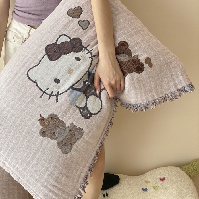 91家纺网 家纺一手货源 找家纺 麻依 2025新款全棉四层纱布软萌流苏枕巾 玩偶熊KT