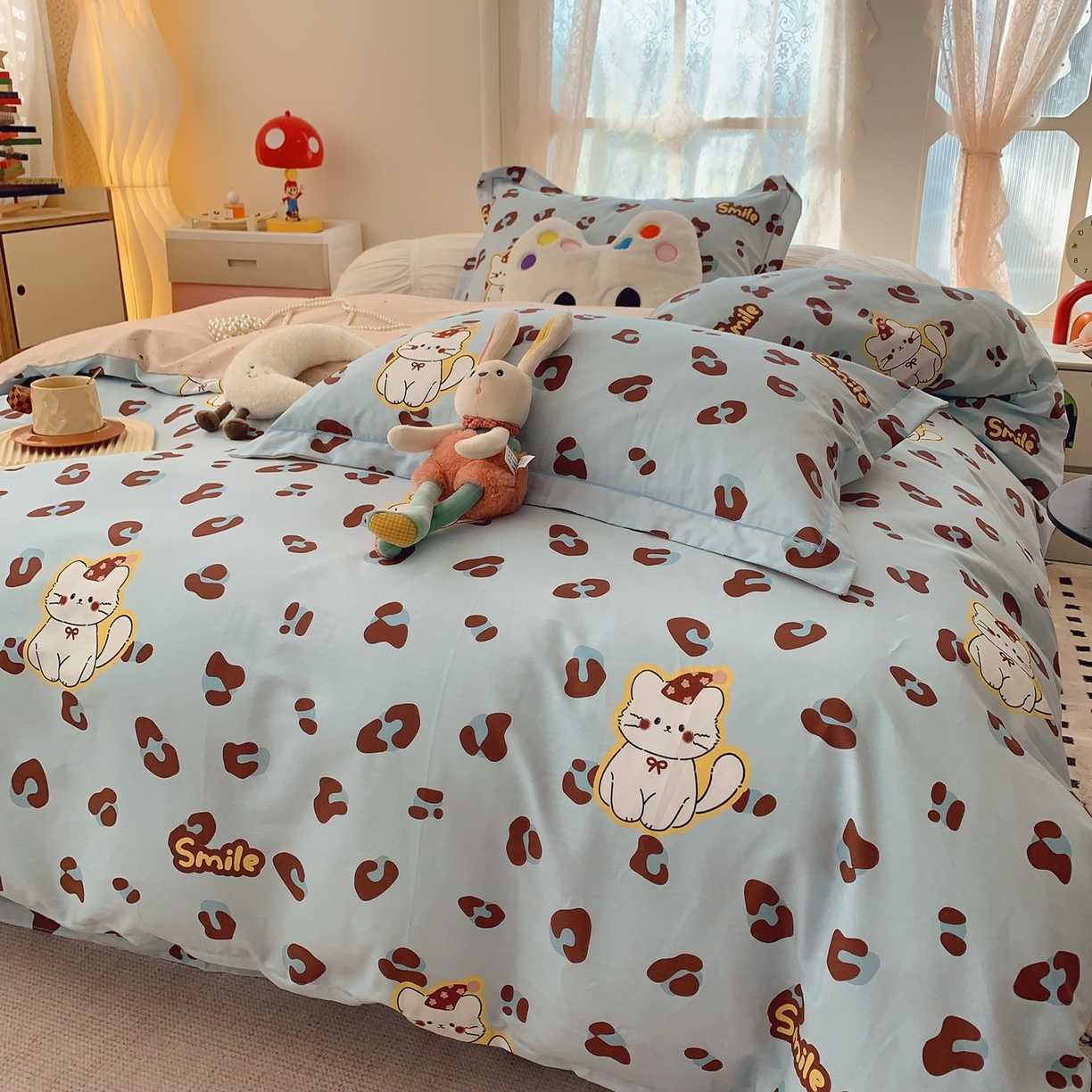 91家纺网 家纺一手货源 找家纺 莱豫家纺 2026新款全棉纯棉小清新印花四件套-第一波 猫咪豹纹蓝