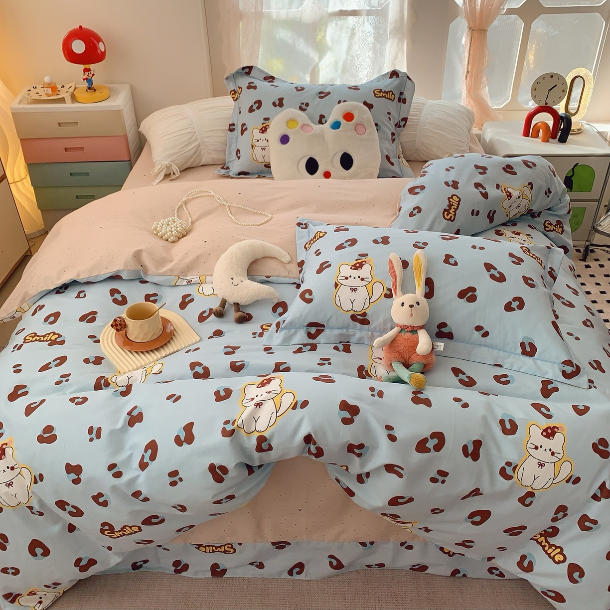 91家纺网 家纺一手货源 找家纺 莱豫家纺 2026新款全棉纯棉小清新印花四件套-第一波 猫咪豹纹蓝