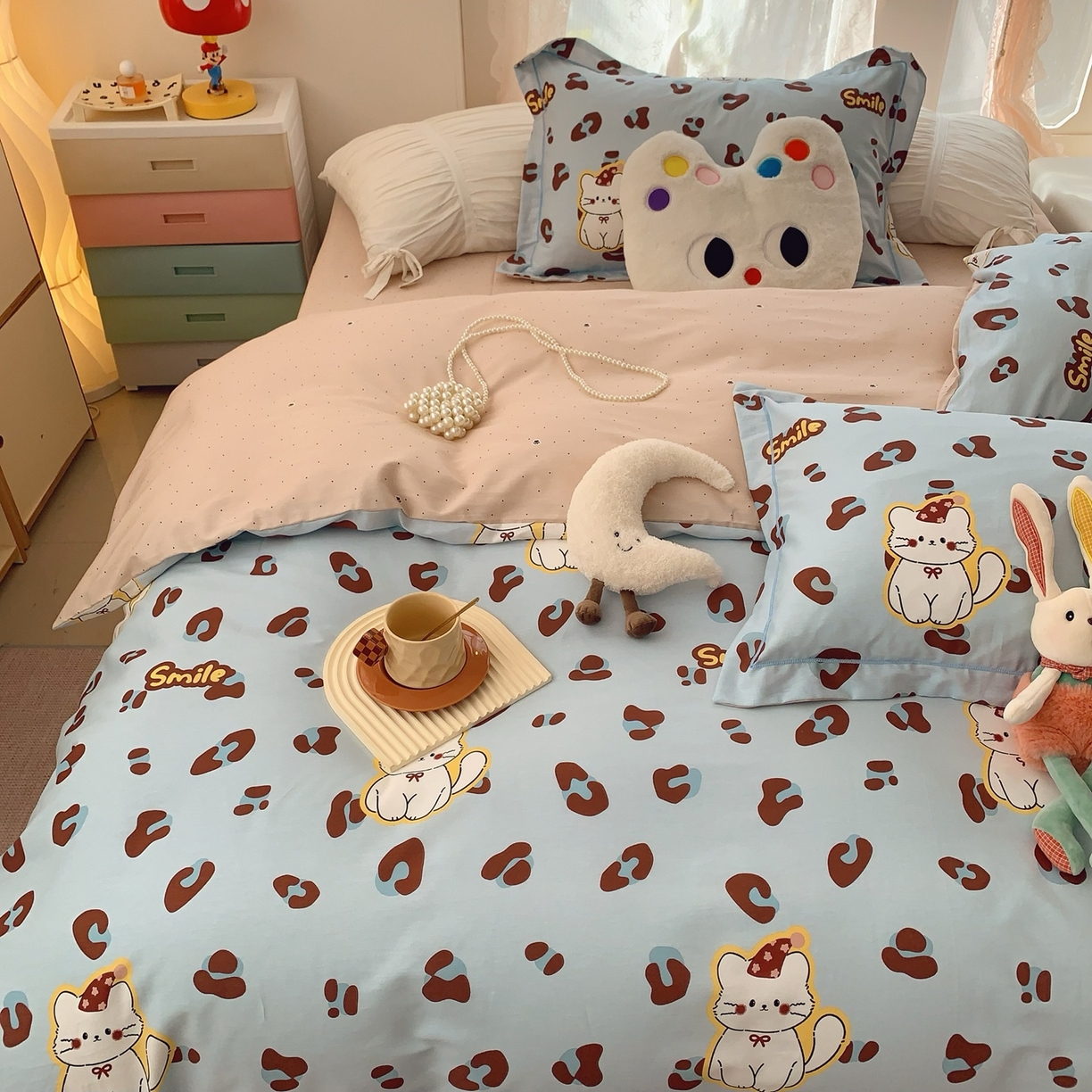 91家纺网 家纺一手货源 找家纺 莱豫家纺 2026新款全棉纯棉小清新印花四件套-第一波 猫咪豹纹蓝