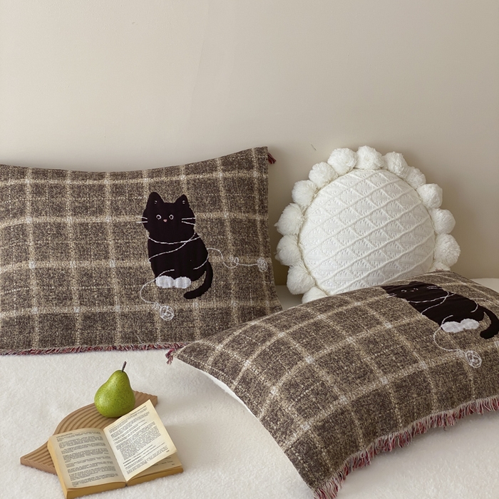 麻依 2025新款全棉四层纱布软萌流苏枕巾 线团小咪