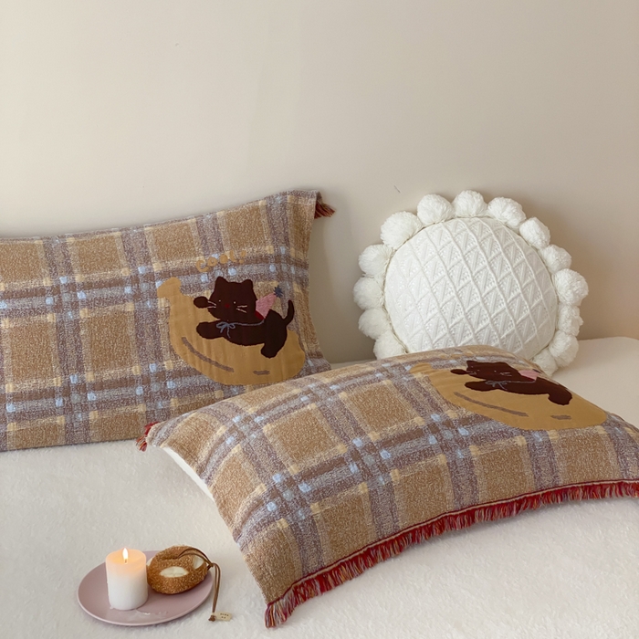 麻依 2025新款全棉四层纱布软萌流苏枕巾 香蕉小猫