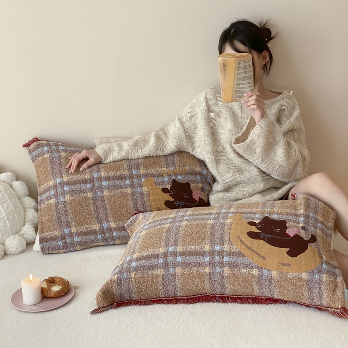 91家纺网 家纺一手货源 找家纺 麻依 2025新款全棉四层纱布软萌流苏枕巾 香蕉小猫