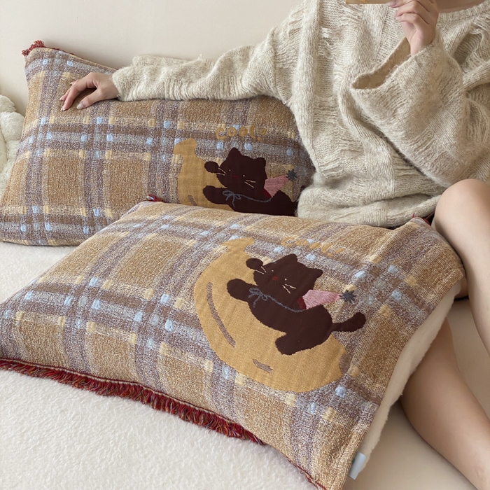 91家纺网 家纺一手货源 找家纺 麻依 2025新款全棉四层纱布软萌流苏枕巾 香蕉小猫