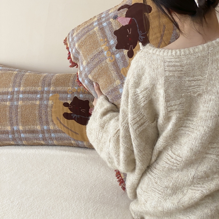 91家纺网 家纺一手货源 找家纺 麻依 2025新款全棉四层纱布软萌流苏枕巾 香蕉小猫