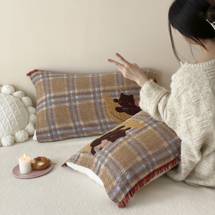 91家纺网 家纺一手货源 找家纺 麻依 2025新款全棉四层纱布软萌流苏枕巾 香蕉小猫