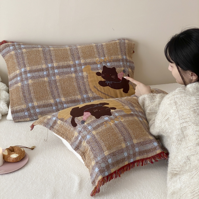 91家纺网 家纺一手货源 找家纺 麻依 2025新款全棉四层纱布软萌流苏枕巾 香蕉小猫