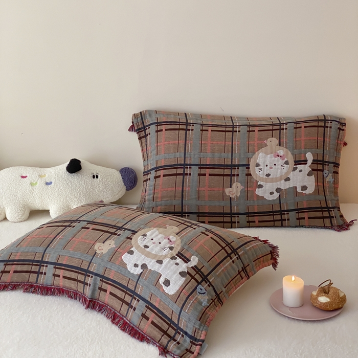 麻依 2025新款全棉四层纱布软萌流苏枕巾 鸭鸭小猫