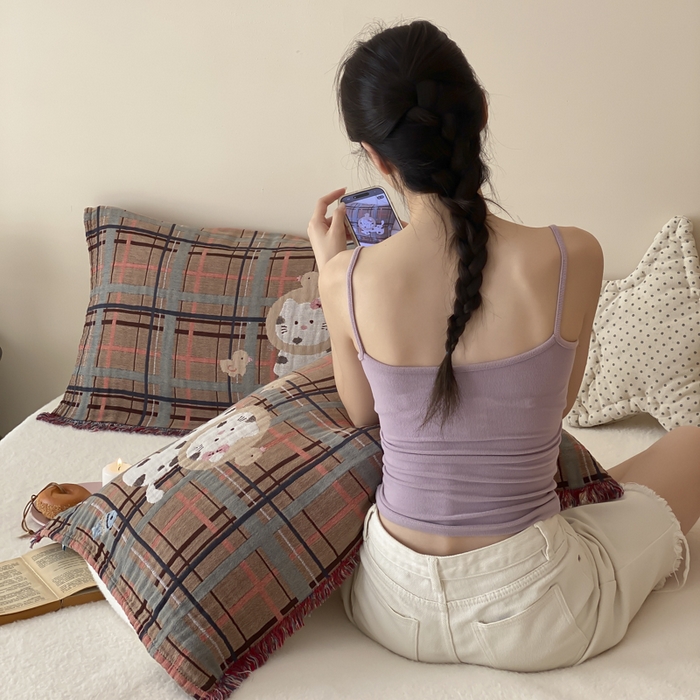 91家纺网 家纺一手货源 找家纺 麻依 2025新款全棉四层纱布软萌流苏枕巾 鸭鸭小猫