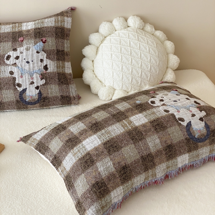 91家纺网 家纺一手货源 找家纺 麻依 2025新款全棉四层纱布软萌流苏枕巾 杂技小狗