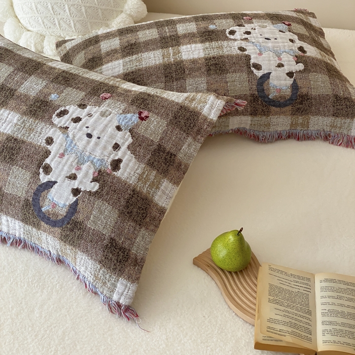 91家纺网 家纺一手货源 找家纺 麻依 2025新款全棉四层纱布软萌流苏枕巾 杂技小狗