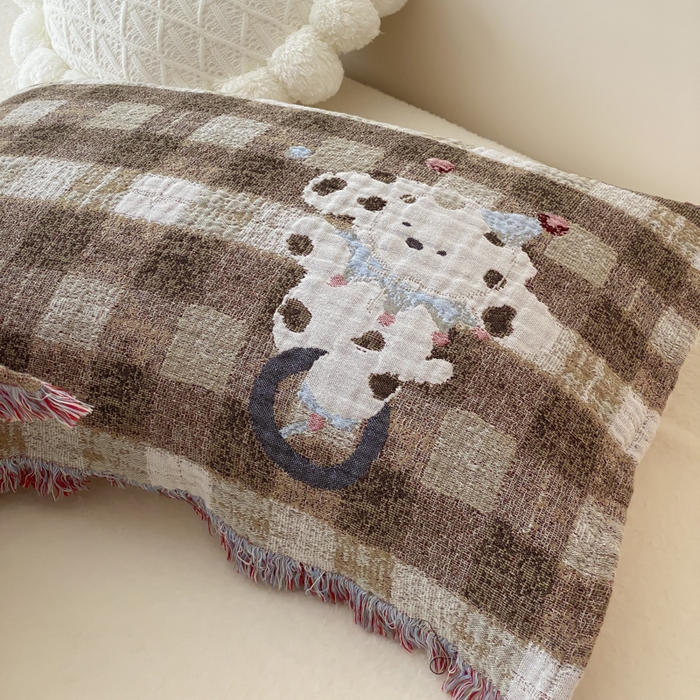 91家纺网 家纺一手货源 找家纺 麻依 2025新款全棉四层纱布软萌流苏枕巾 杂技小狗