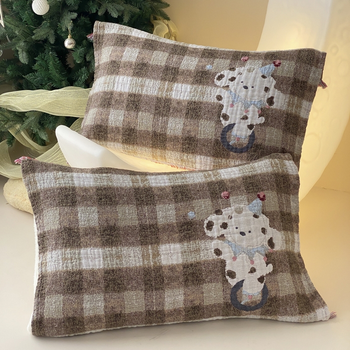 91家纺网 家纺一手货源 找家纺 麻依 2025新款全棉四层纱布软萌流苏枕巾 杂技小狗