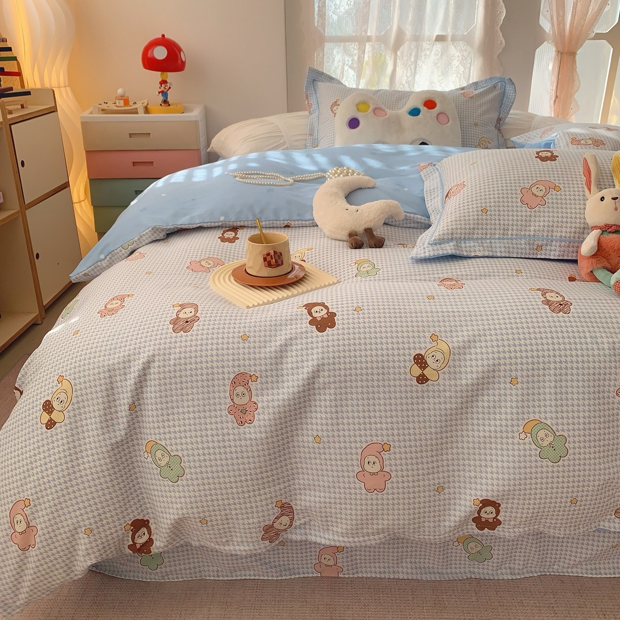 91家纺网 家纺一手货源 找家纺 莱豫家纺 2026新款全棉纯棉小清新印花四件套-第一波 小魔仙蓝