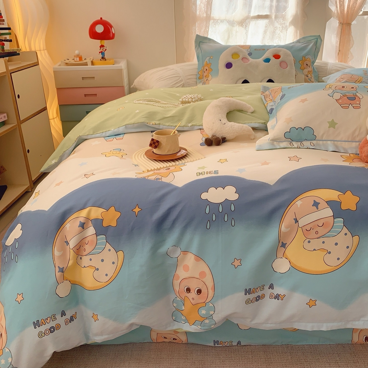 91家纺网 家纺一手货源 找家纺 莱豫家纺 2026新款全棉纯棉小清新印花四件套-第一波 星月宝贝