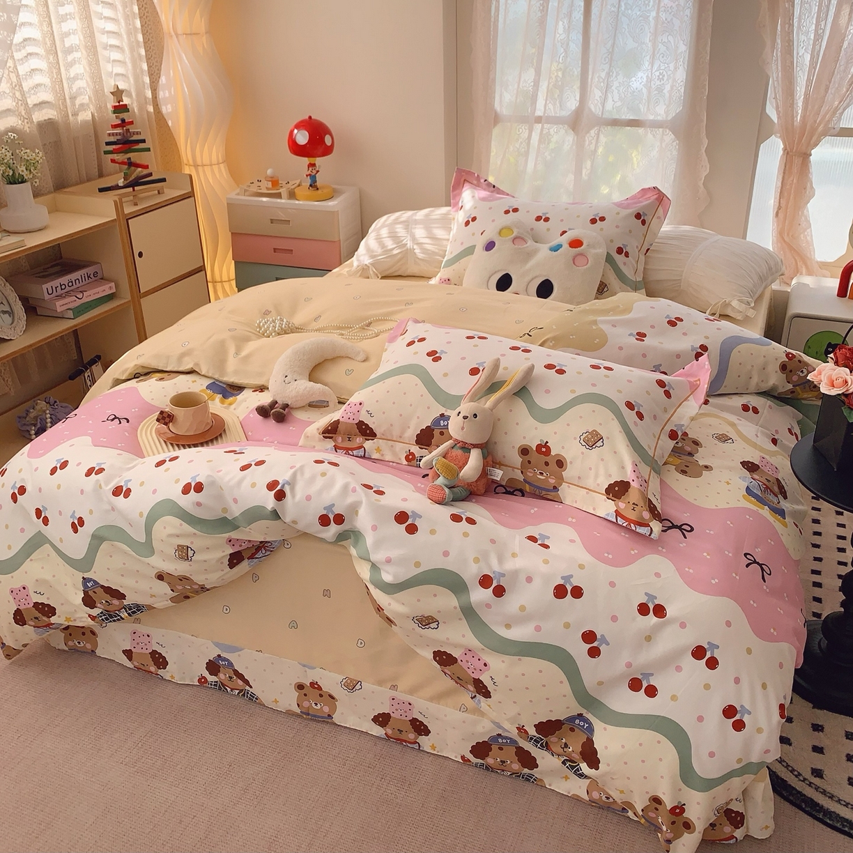 91家纺网 家纺一手货源 找家纺 莱豫家纺 2026新款全棉纯棉小清新印花四件套-第一波 樱桃狗狗