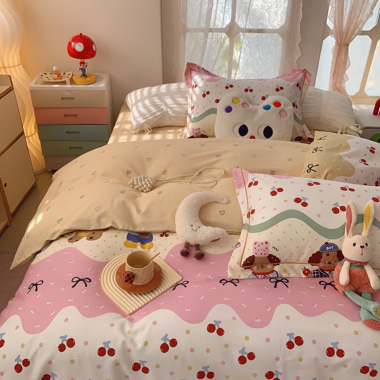 91家纺网 家纺一手货源 找家纺 莱豫家纺 2026新款全棉纯棉小清新印花四件套-第一波 樱桃狗狗