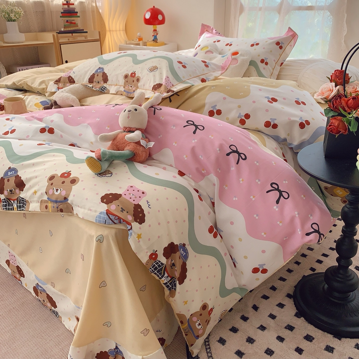 91家纺网 家纺一手货源 找家纺 莱豫家纺 2026新款全棉纯棉小清新印花四件套-第一波 樱桃狗狗