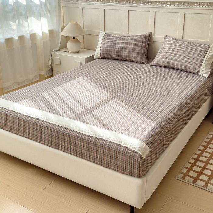 91家纺网 家纺一手货源 找家纺 富阿娜家纺 2026年新款小布袋简约复古花边床笠三件套 浅棕软格