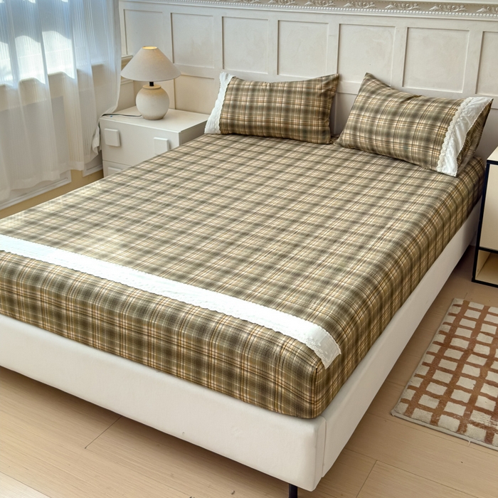 91家纺网 家纺一手货源 找家纺 富阿娜家纺 2026年新款小布袋简约复古花边床笠三件套 茶褐织格