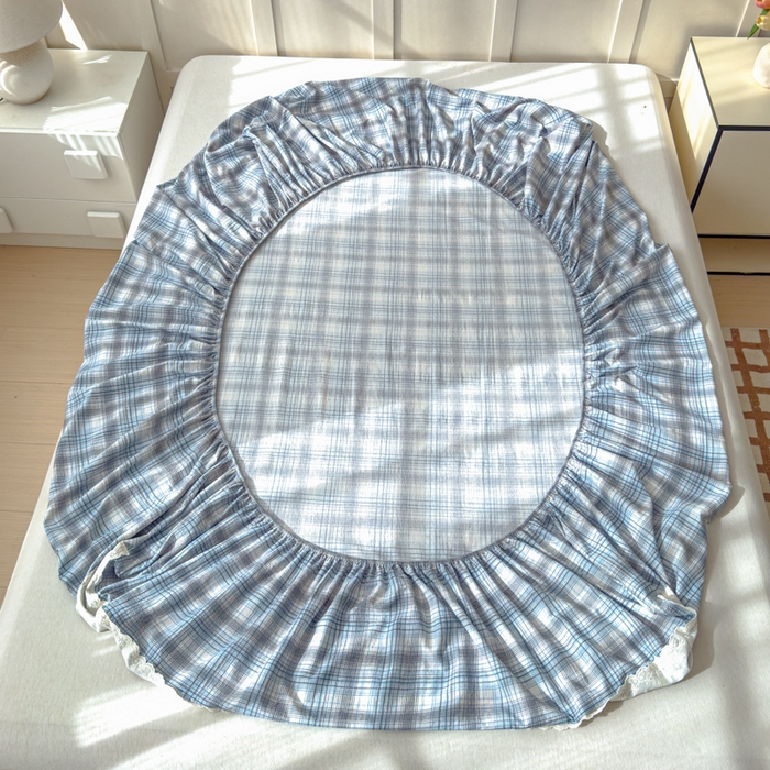 91家纺网 家纺一手货源 找家纺 富阿娜家纺 2026年新款小布袋简约复古花边床笠三件套 雾蓝格序